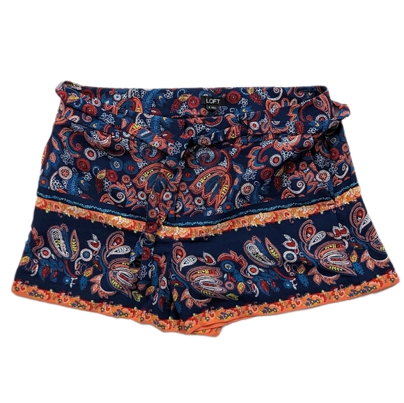 Ann Taylor LOFT Boho Paisley Patterned Belted Bow Tie Shorts - Picture 2 of 8